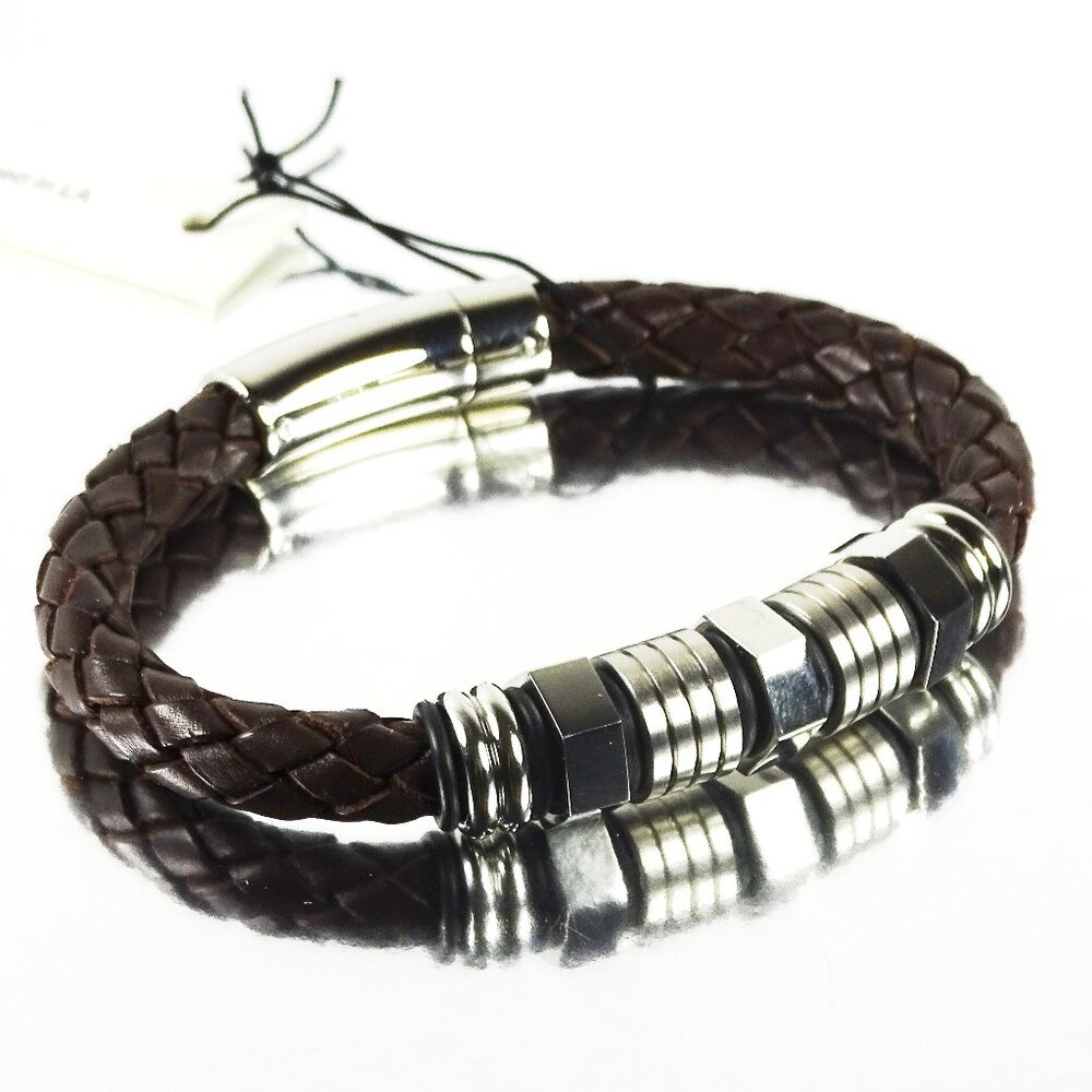 MARZ Dark Chocolate Color Braided Leather Stainless Steel Bracelet Sz 7.75"